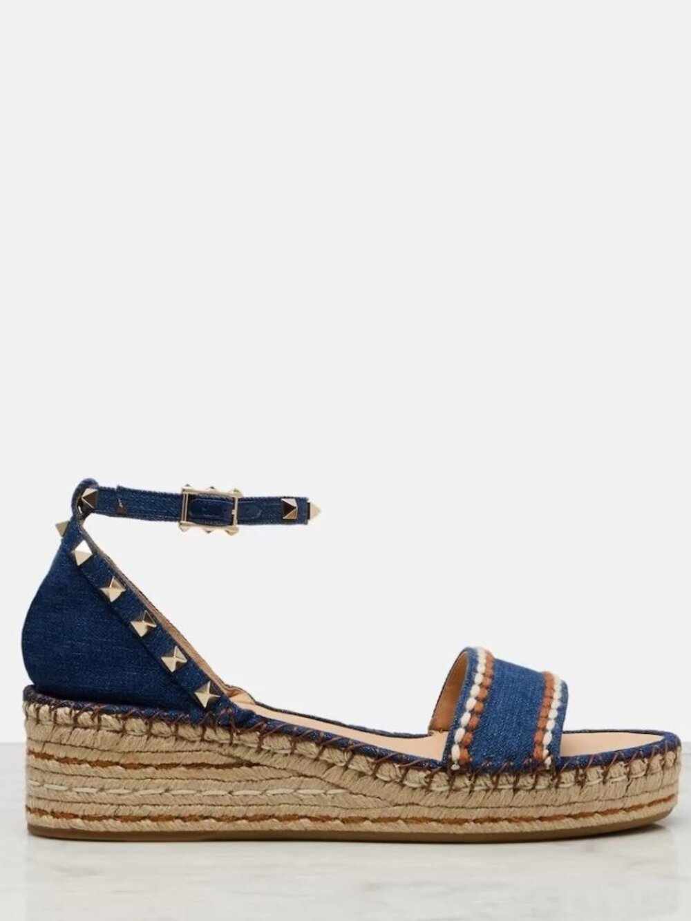 Valentino Rockstud Denim Strap Double Platform Wedge Espadrille Sandals